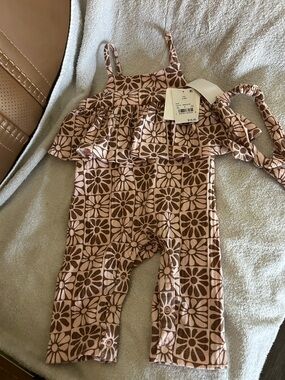 Girls Floral Knit Ruffle Jumpsuit - Pink Brown